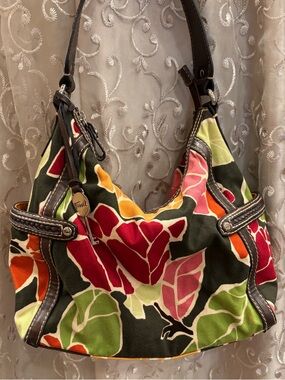 Vintage fossil Multicolor Floral Canvas Hobo with Brown Leather Trim